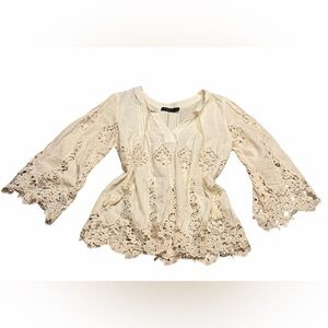 ✨🌼 Maven West Boho Crochet Lace Bell-Sleeve Peasant Top Sz S‎ 🌼✨